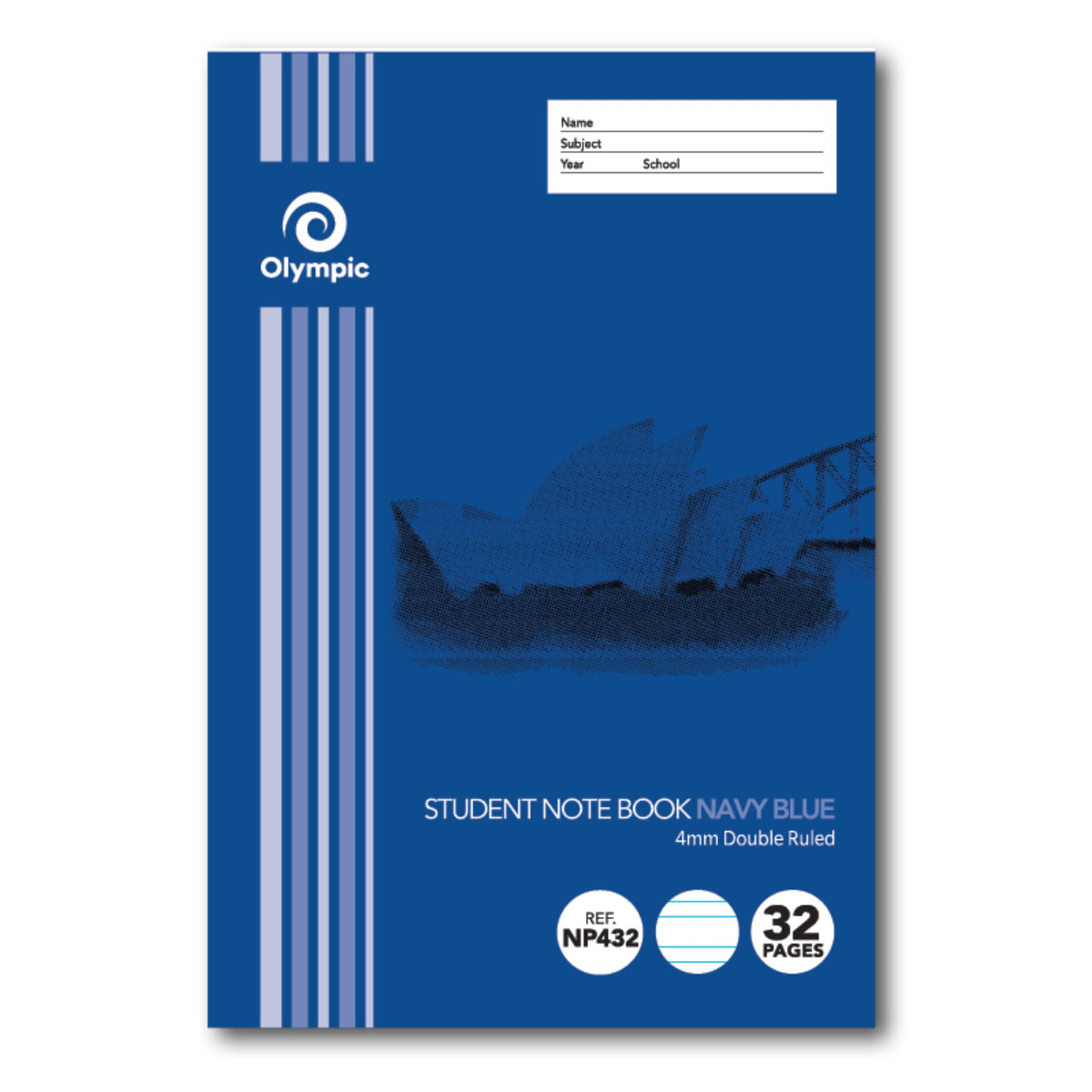 Navy blue portrait Olympic Student Note Book cover with white Olympic logo, Opera House artwork, 4mm Double Ruled, Ref NP432, 32 Pages