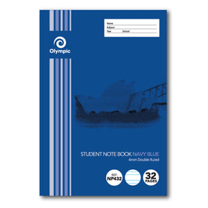 Navy blue portrait Olympic Student Note Book cover with white Olympic logo, Opera House artwork, 4mm Double Ruled, Ref NP432, 32 Pages