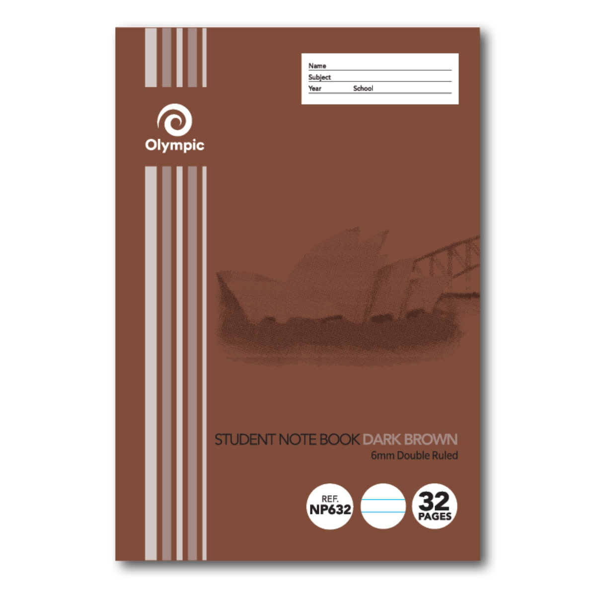 Dark brown portrait Olympic Student Note Book cover with white Olympic logo, Opera House print, 6mm Double Ruled, Ref NP632, 32 Pages