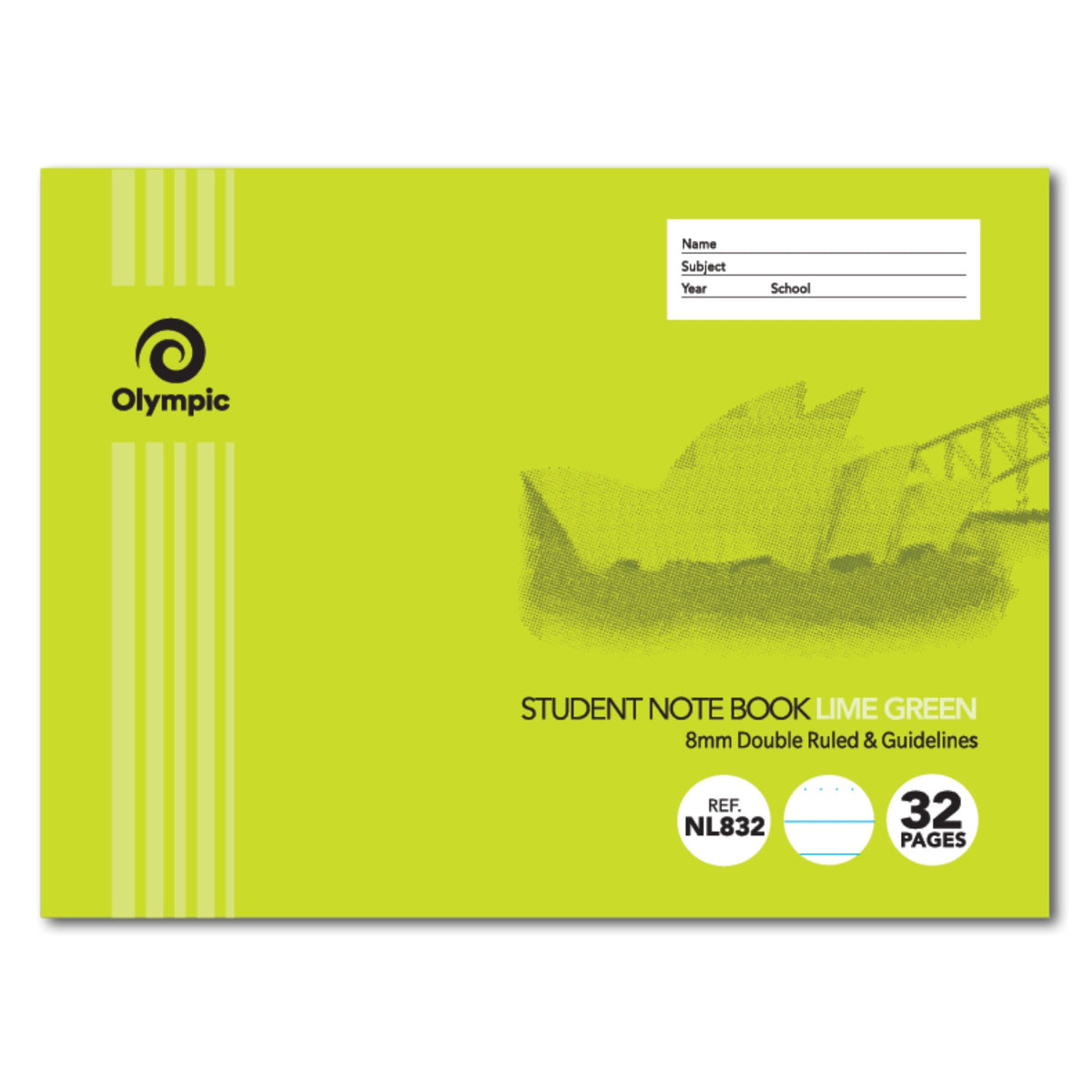 Lime green landscape Olympic Student Note Book cover with Opera House print, 8mm Double Ruled and Guidelines, Ref NL832 and 32 Pages