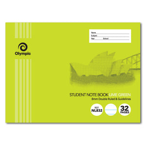 Lime green landscape Olympic Student Note Book cover with Opera House print, 8mm Double Ruled and Guidelines, Ref NL832 and 32 Pages