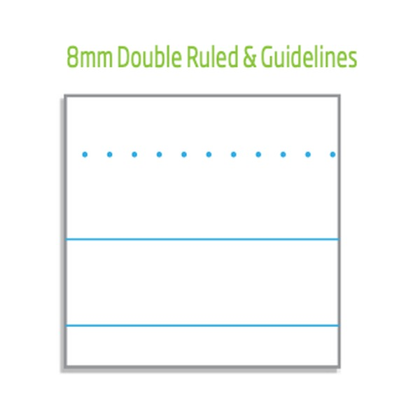 Ruling sample headed 8mm Double Ruled and Guidelines, with a row of blue dots near the top followed by two solid blue lines