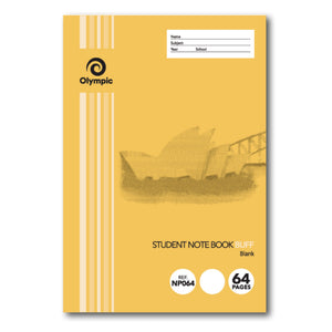 Buff portrait Olympic Student Note Book cover with Opera House and Harbour Bridge artwork, Blank, Ref NP064 and 64 Pages badges