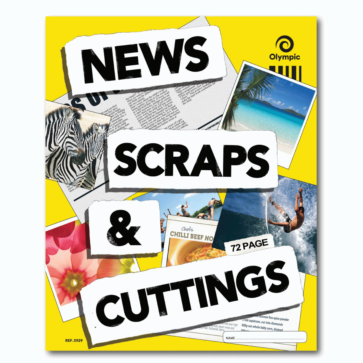 Yellow Olympic News Scraps and Cuttings scrap book cover with torn paper title labels over a collage of newspaper, zebras, a beach and a surfer, marked 72 Page and Ref S929