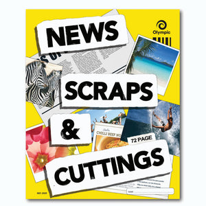 Yellow Olympic News Scraps and Cuttings scrap book cover with torn paper title labels over a collage of newspaper, zebras, a beach and a surfer, marked 72 Page and Ref S929