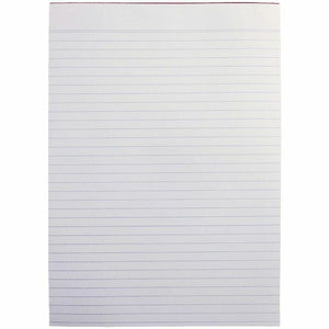 Olympic A4 office pad seen from above, white sheet ruled with evenly spaced lines and a narrow red binding strip along the top edge