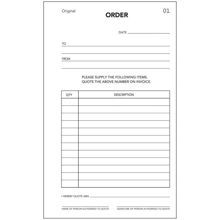 Blank Olympic order form with date, to and from lines, a please supply instruction, a qty and description table and an ABN quote line