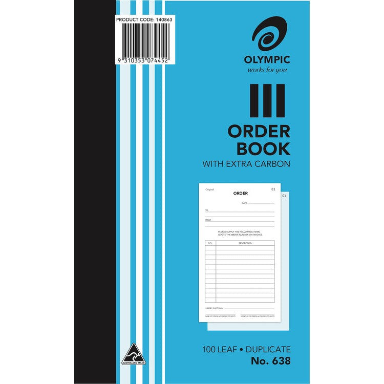 Earlier Olympic No. 638 order book cover in blue with a barcode label and a small sample order form printed on the front