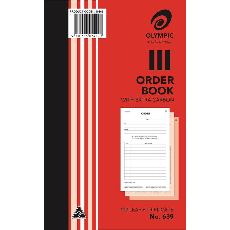 Earlier Olympic No. 639 triplicate order book cover in red with a barcode label and a sample order form backed by two tinted copies