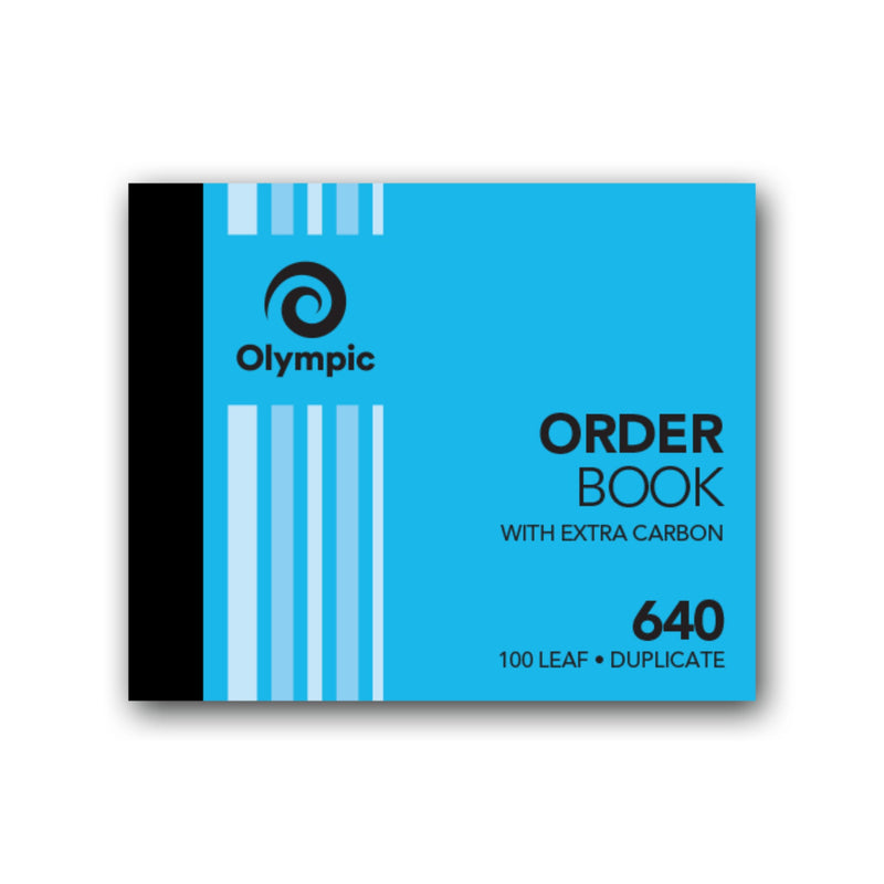 Olympic No. 640 order book in a landscape blue striped cover with a black spine, printed With Extra Carbon and 100 Leaf Duplicate