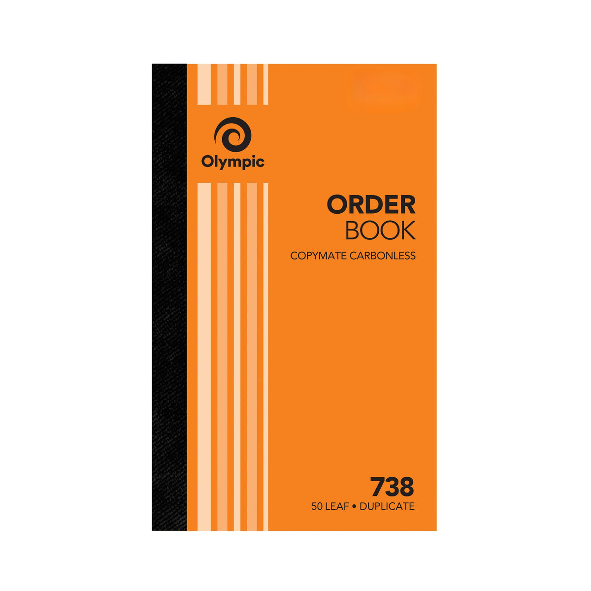 Olympic No. 738 order book with an orange striped cover and black spine, printed Copymate Carbonless and 50 Leaf Duplicate