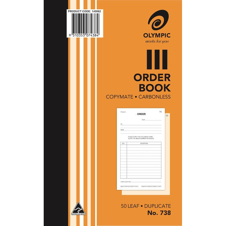 Earlier Olympic No. 738 carbonless order book cover in orange with a barcode label and a small sample order form on the front