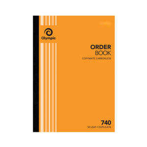 Olympic No. 740 A4 order book with an orange striped cover and black spine, printed Copymate Carbonless and 50 Leaf Duplicate