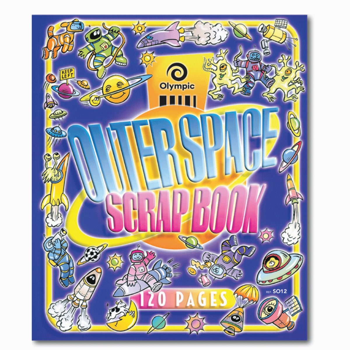 Purple Olympic Outer Space scrap book cover with chrome style title lettering surrounded by cartoon astronauts, rockets, robots, aliens and planets, marked 120 Pages