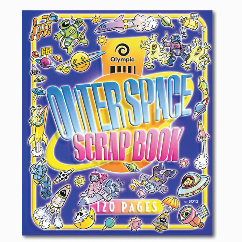 Purple Olympic Outer Space scrap book cover with chrome style title lettering surrounded by cartoon astronauts, rockets, robots, aliens and planets, marked 120 Pages