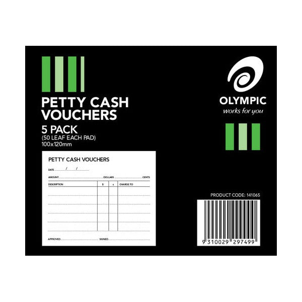 Black and green Olympic petty cash vouchers sleeve reading 5 Pack, 50 leaf each pad, 100x120mm, with a sample voucher and product code 141065 barcode