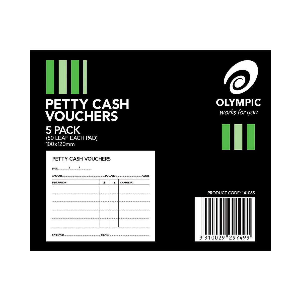 Olympic petty cash voucher pack artwork showing a blank voucher with date, amount, description, charge to, approved and signed lines beside the Olympic logo