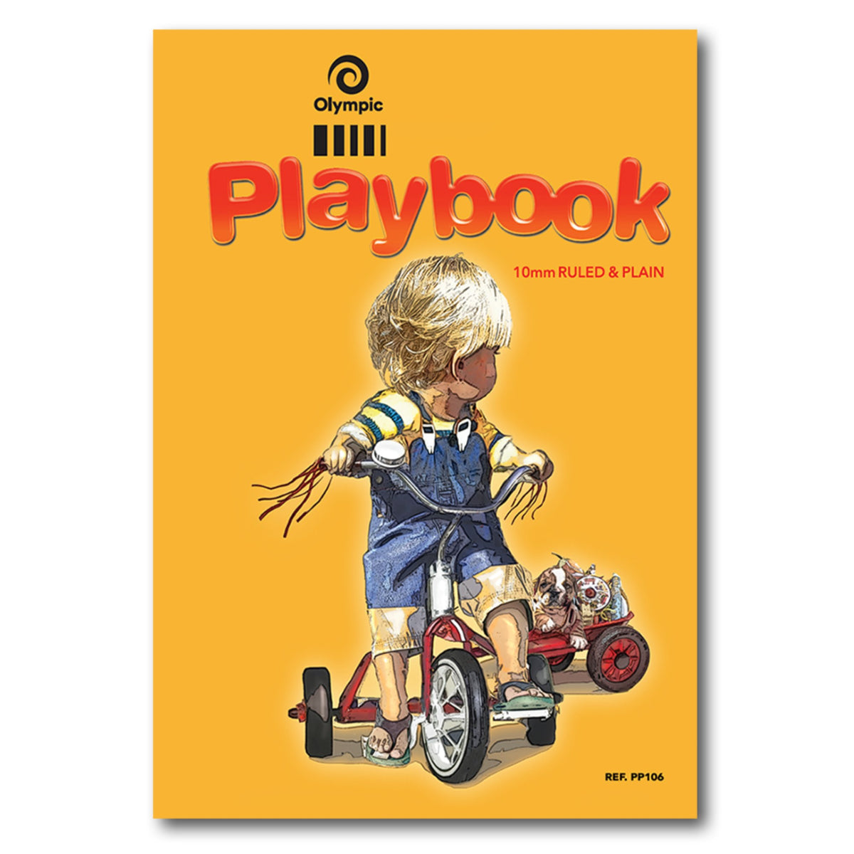 Orange Olympic Playbook cover with an illustration of a small child riding a red tricycle, printed 10mm Ruled and Plain with Ref PP106