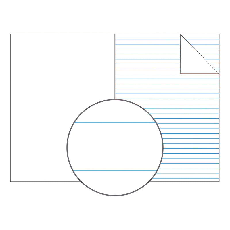 Olympic page illustration of an open Playbook with a plain left page facing a page of blue 10mm ruled lines, with a magnified view of the ruling