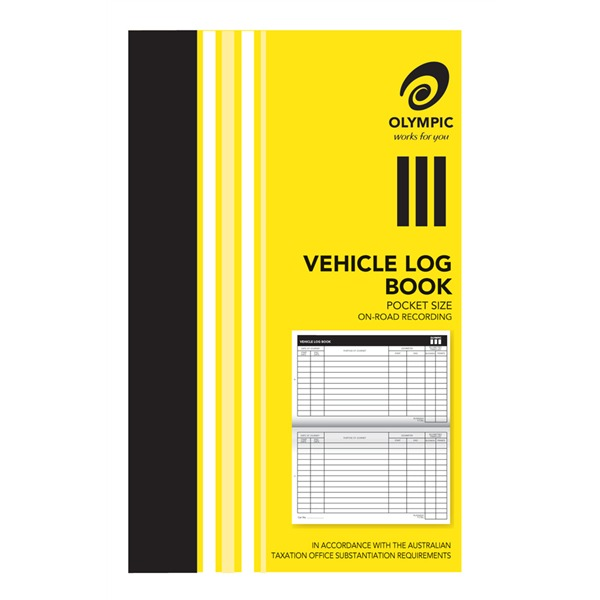 Olympic pocket vehicle log book with a yellow striped cover and black spine, showing two sample log pages with journey and odometer columns