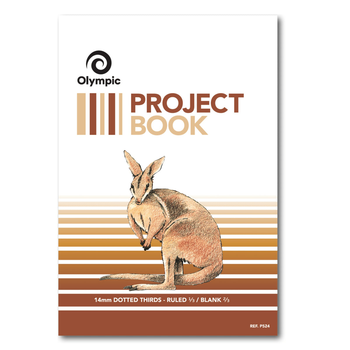 Olympic Project Book cover with brown stripes and an illustrated kangaroo, printed 14mm Dotted Thirds, Ruled one third, Blank two thirds and REF P524