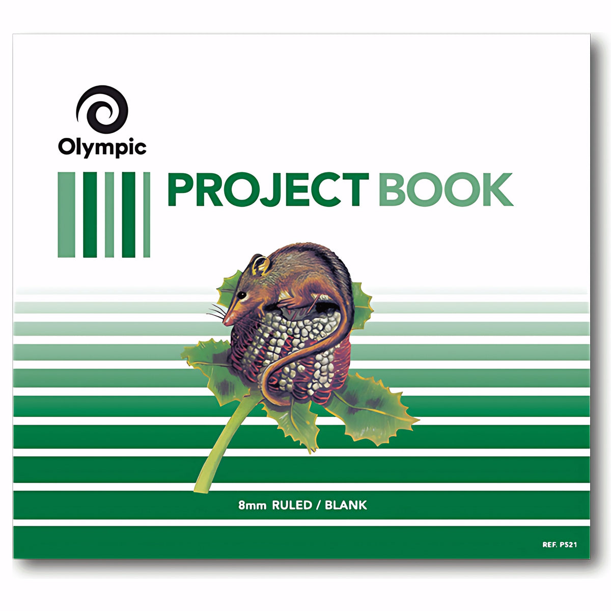 Landscape Olympic Project Book cover with green stripes and a native animal illustration, printed 8mm Ruled / Blank and REF P521
