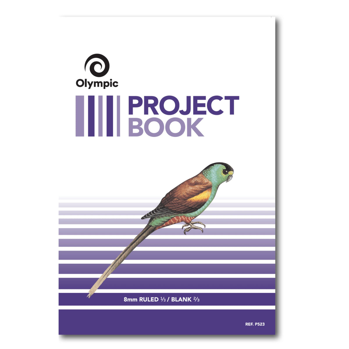 Olympic Project Book cover with purple stripes and an illustrated parrot, printed 8mm Ruled one third, Blank two thirds and REF P523