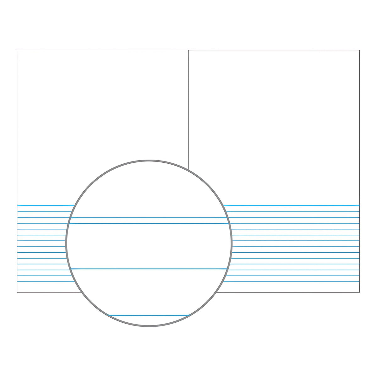 Olympic illustration of an open P523 project book, blank above and ruled below, with a magnified circle showing plain ruled lines and no dotted guides