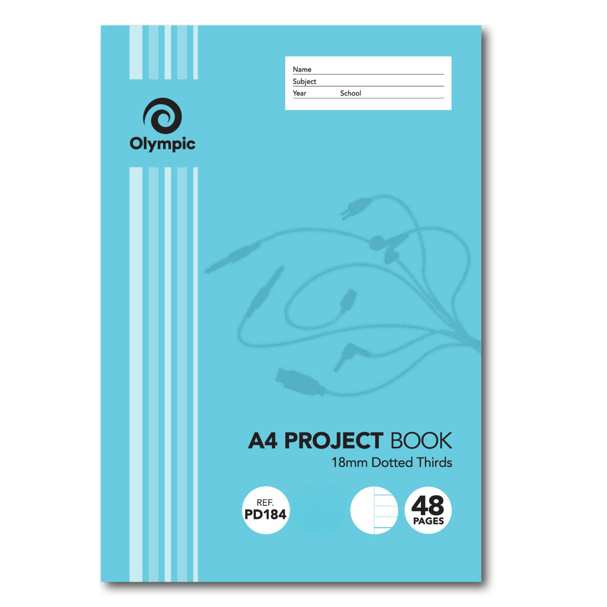 Light blue Olympic A4 Project Book cover printed 18mm Dotted Thirds with REF PD184, 48 pages and a name, subject, year and school panel
