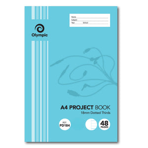 Light blue Olympic A4 Project Book cover printed 18mm Dotted Thirds with REF PD184, 48 pages and a name, subject, year and school panel