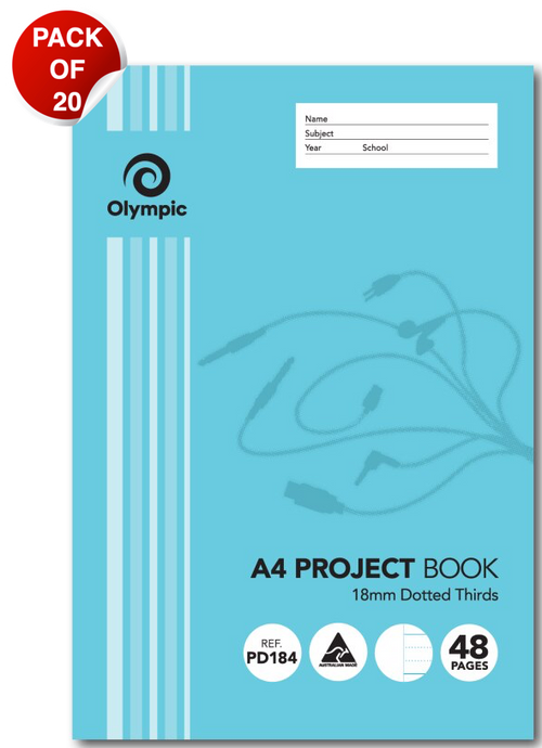 Olympic PD184 A4 project book in light blue with a red PACK OF 20 badge in the top corner and the 48 pages roundel at the bottom