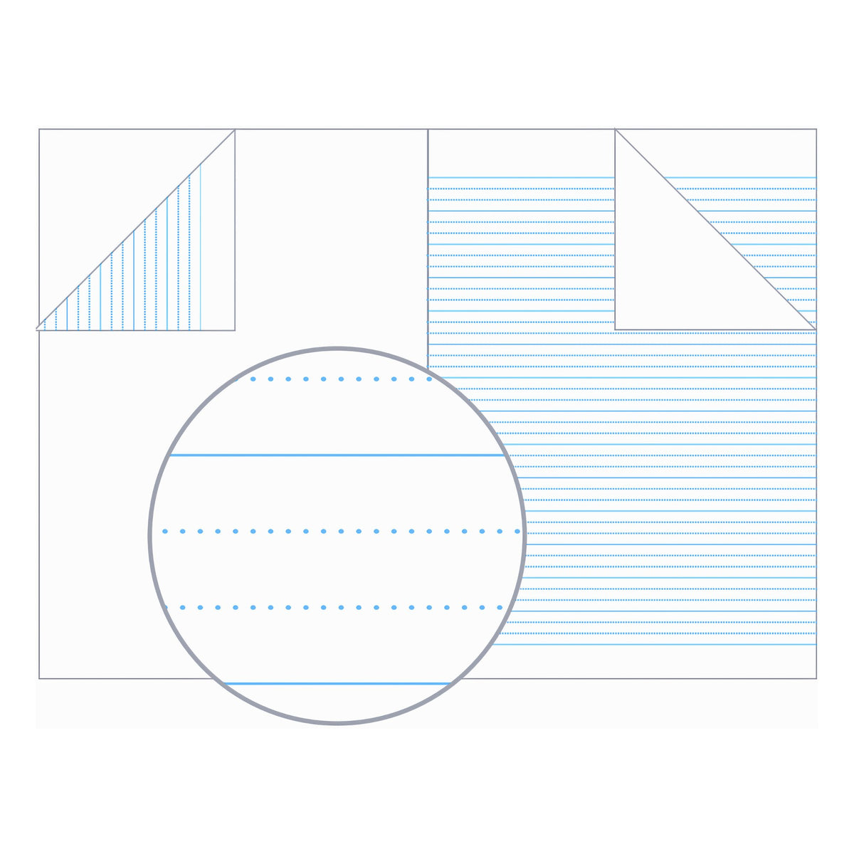Olympic ruling illustration for PD189: an open A4 book with one blank and one ruled page, magnified to show two dotted guide lines between solid lines