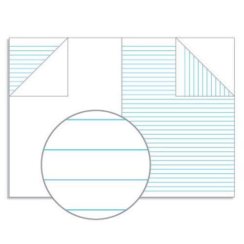 Drawing of an open project book with one blank page and one ruled page, with a magnified circle showing plain ruled lines