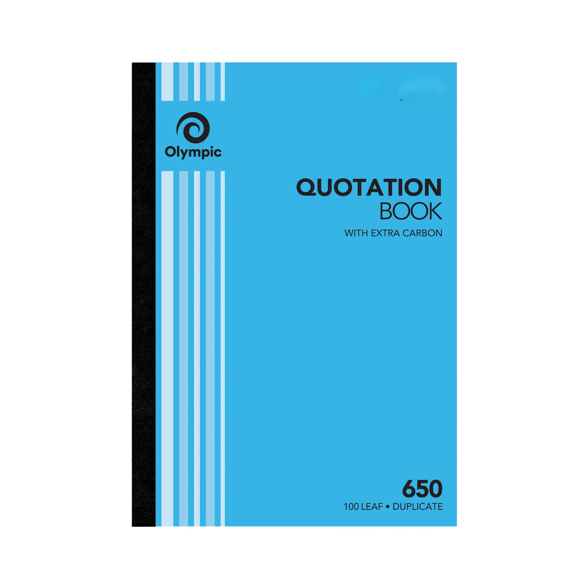Current blue cover of the Olympic No. 650 quotation book printed Quotation Book With Extra Carbon and 100 Leaf Duplicate, with a black spine strip