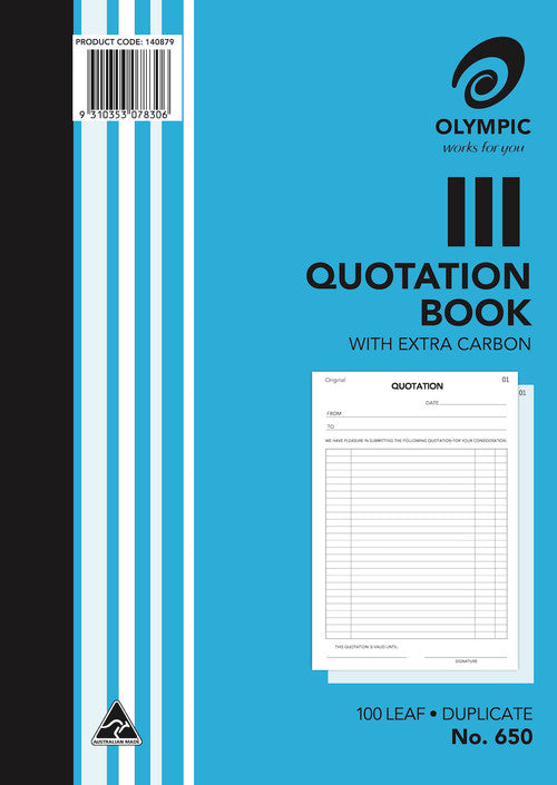 Earlier cover design of the Olympic No. 650 quotation book with product code 140879 and barcode, showing a sample quotation form with date, from and to lines