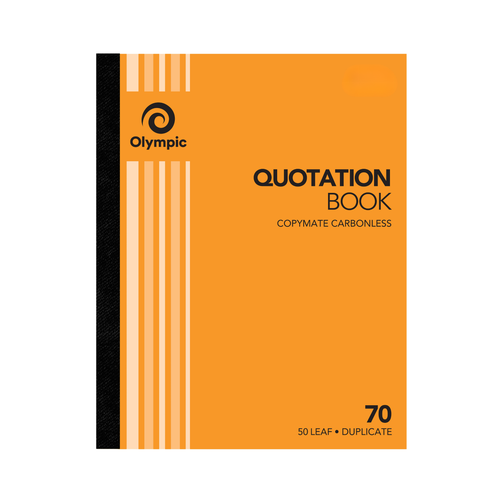 Orange cover of the Olympic No. 70 quotation book printed Quotation Book Copymate Carbonless and 50 Leaf Duplicate with a black spine strip