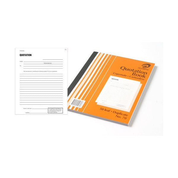 Olympic No. 70 carbonless quotation book beside a sample quotation form with from, to, quote is valid until and signed lines