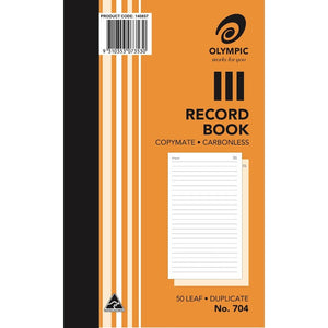 Orange Olympic No. 704 record book cover printed Copymate Carbonless and 50 Leaf Duplicate, with product code 140857, a barcode and a sample ruled page