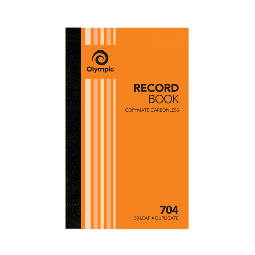Plain orange Olympic Record Book cover marked Copymate Carbonless, 704 and 50 Leaf Duplicate, with a black and cream striped spine panel