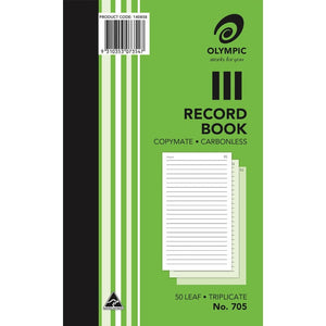 Green Olympic No. 705 record book cover printed Copymate Carbonless and 50 Leaf Triplicate, with product code 140858, a barcode and three stacked sample pages