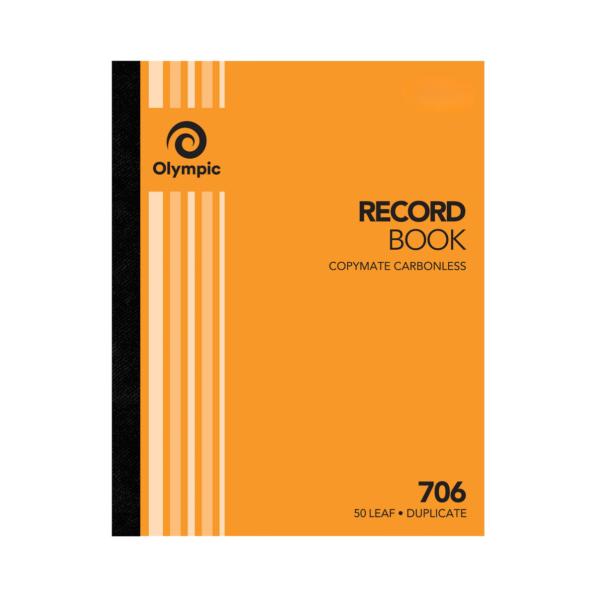 Orange cover of the Olympic No. 706 record book printed Record Book, Copymate Carbonless and 50 Leaf Duplicate beside a black and cream striped spine panel