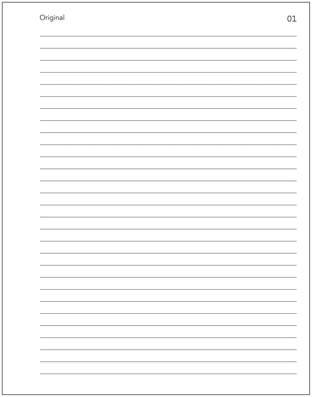 Sample page of the Olympic No. 706 carbonless record book headed Original with the number 01 in the top corner and plain ruled lines down the page