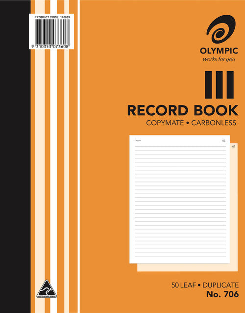 Earlier cover design of the Olympic No. 706 record book printed with product code 140859, a barcode and a sample ruled page, marked 50 Leaf Duplicate