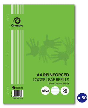 Green Olympic A4 Reinforced Loose Leaf Refills cover for 14mm Dotted Thirds, Ref RD145 and 50 Leaf badges, handprint artwork and an x 50 badge