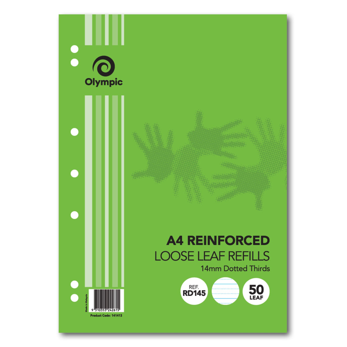 Olympic RD145 reinforced A4 refill in green with seven punched holes on the left edge, a handprint pattern and a barcode label at the bottom