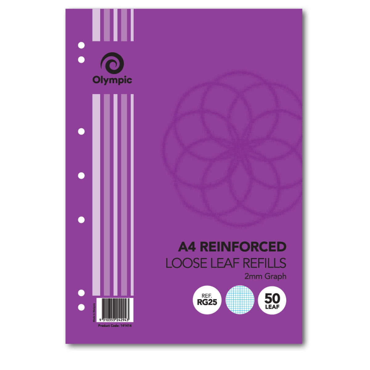 Olympic RG25 reinforced A4 graph refill with a purple cover, seven punched holes down the left side and a barcode label near the bottom