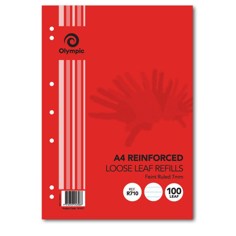 Olympic R710 reinforced refill in a red cover with seven punched holes along the left edge and a barcode label at the lower left