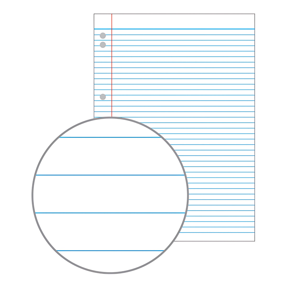Olympic illustration of a 7mm ruled refill page with a red margin line, punched holes and a magnified circle of the blue lines