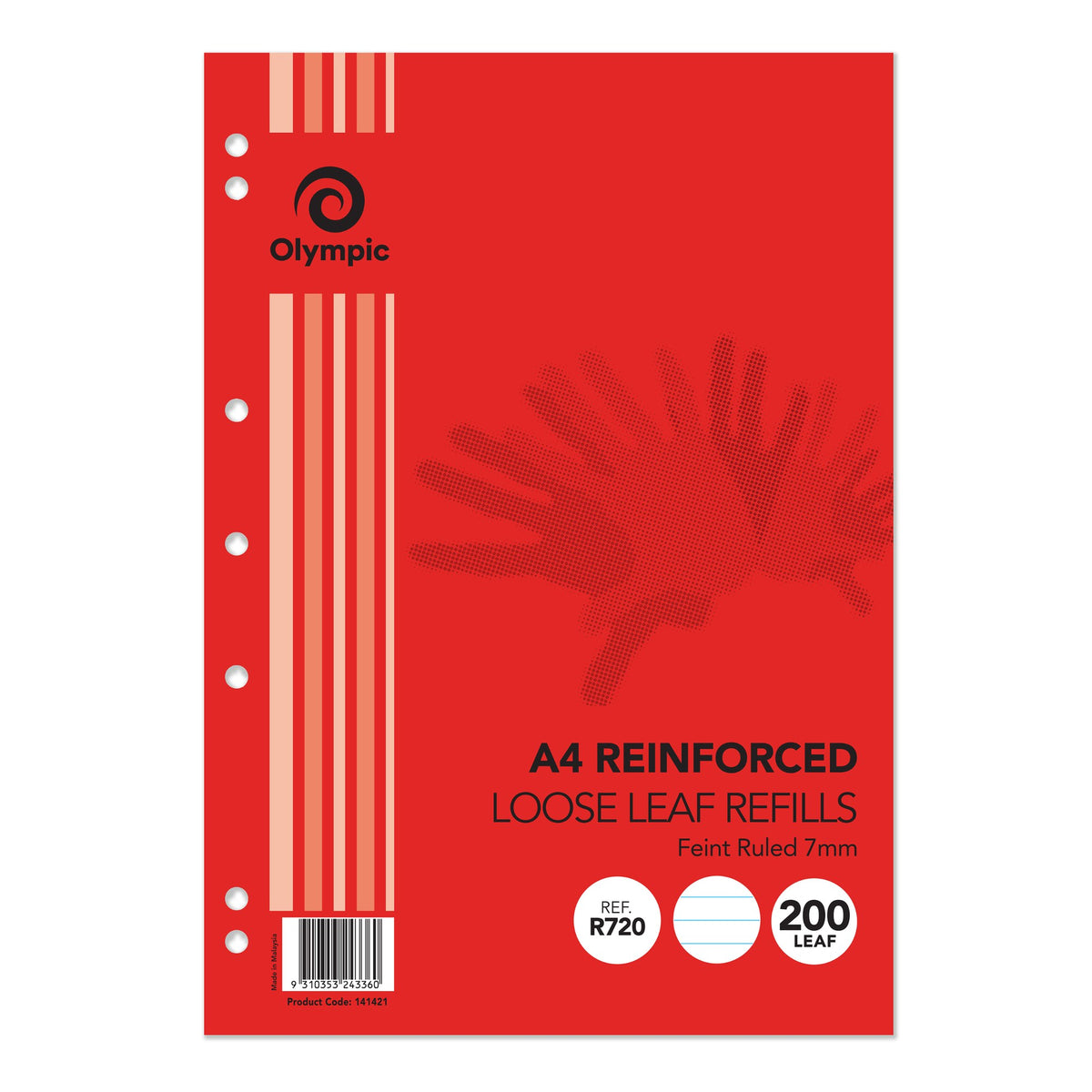 Olympic R720 reinforced 200 leaf refill in red with punched holes down the left edge, a light stripe band and a barcode label