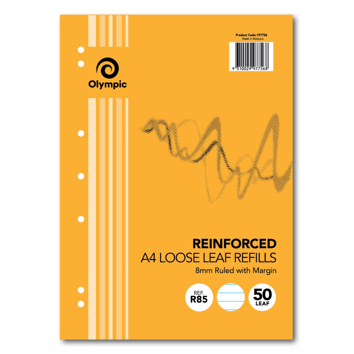 Olympic R85 reinforced refill with an orange cover, holes down the left edge, a scribble artwork and a Product Code barcode label at the top